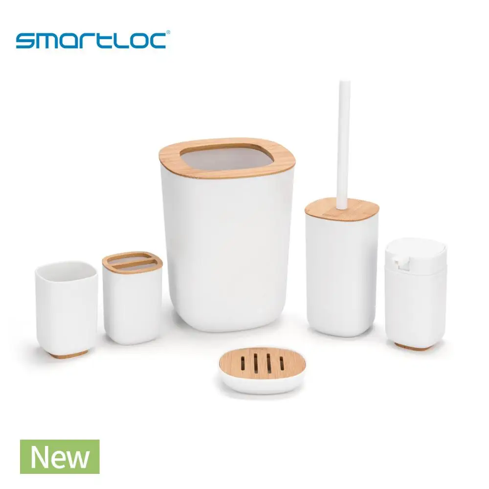 Smartloc Set of 6 Plastic Bamboo Square Circle Bathroom Accessories Set Toothbrush Holder Bathroom Set Toilet Accessories Brush