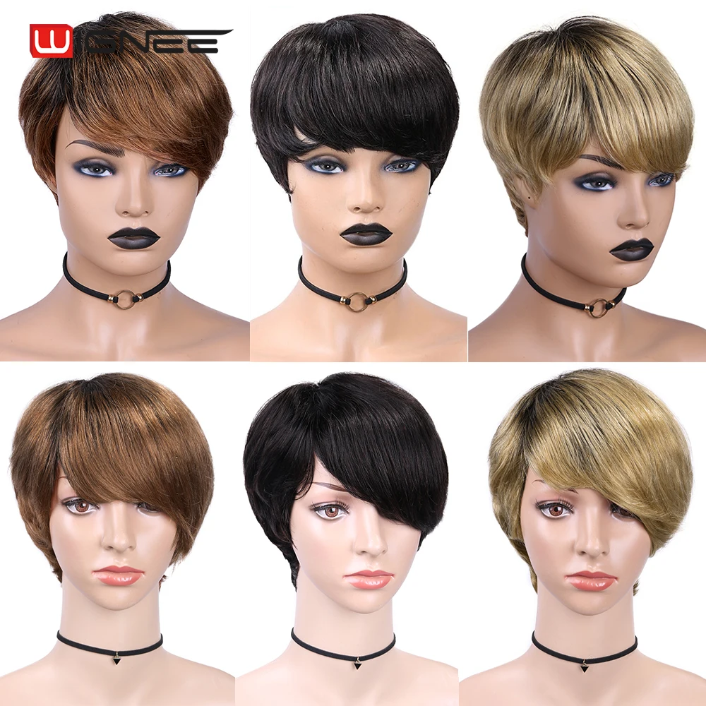 Wignee Short Straight Hair Human Wig With Free Bangs for Black Women 150% Density Ombre Brown Machine Natural Soft Hair Full Wig