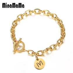 Stainless Steel Coin Initial Letter Bracelet For Women Alphabet Toggle Bracelet Name Jewelry