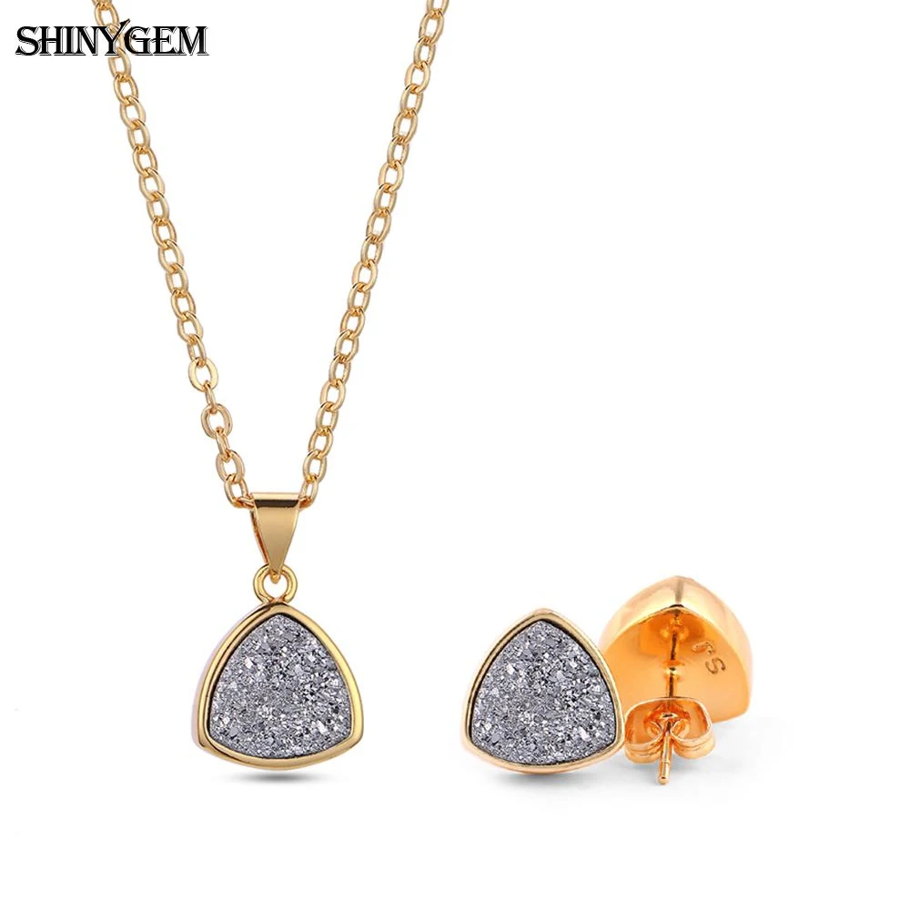 ShinyGem Simple Design Triangle Natural Druzy Stone Necklace Earrings Jewelry Set Wedding Gold Plating Chain For Women Sparkling