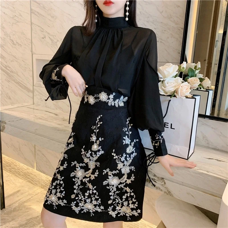 Runway Spring Skirt Suits Women's Sheer Lantern Sleeve Bows Chiffon Blouses Tops + Vintage Beaded Flower Appliques Skirts NS354