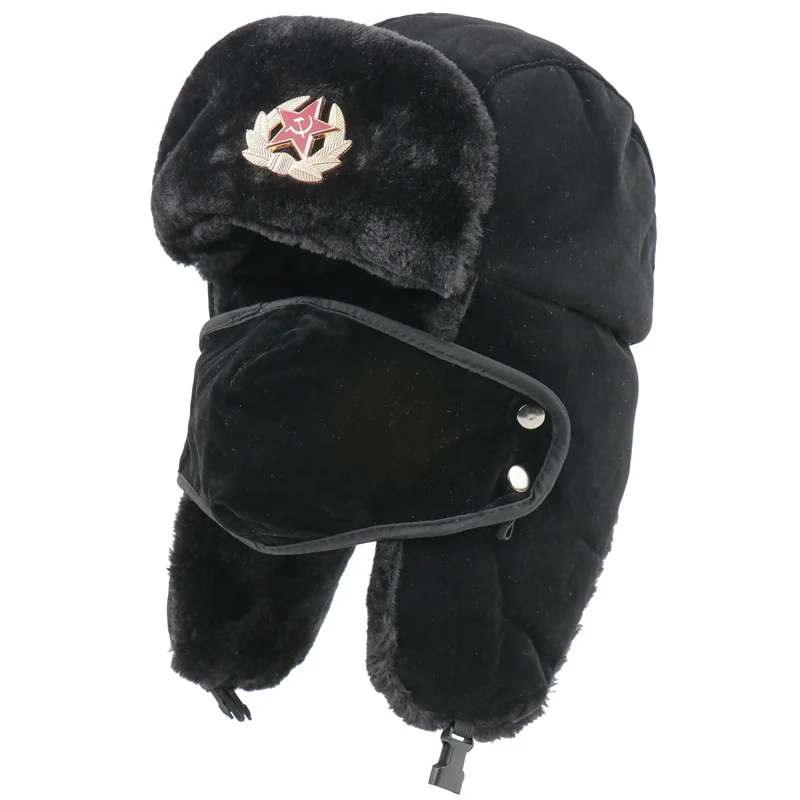 CAMOLAND Russia Ushanka Bomber Hat Women Man Soviet Army Military Badge Winter Hat Faux Fur Earflap Snow Cap Trapper Bomber Cap