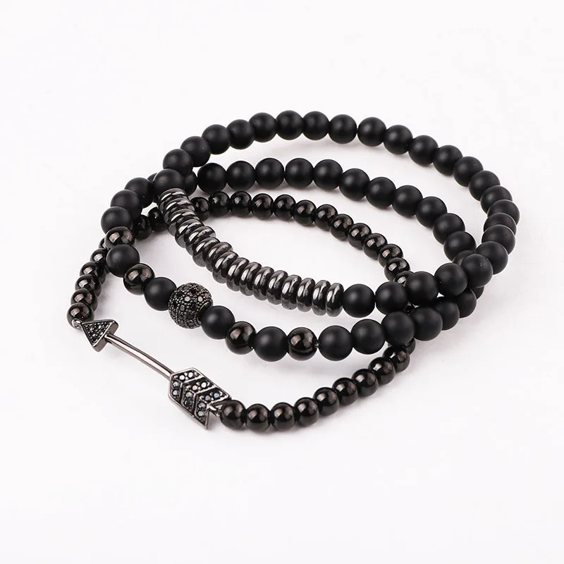 New Fashion Natural Stone Matte Onyx CZ Pave Arrow Ball Charm Beads Elastic Bracelet Set For Men
