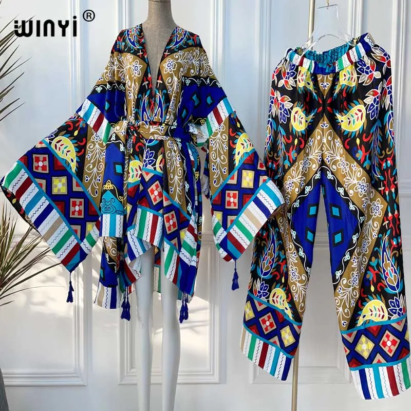 Imagem -04 - Winyi Duas Peças Terno Kimono Perna Reta Calças Boêmio Impresso sobre Tamanho Estrela Vestido Feminino Elástico de Seda até o Chão Nova Moda