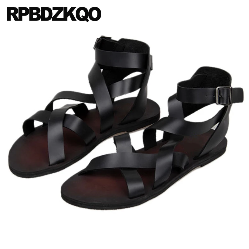 Real Genuine Leather Men Gladiator Sandals Summer Boots Burgundy Ankle Strap Beach Breathable Flat Roman 2023 Shoes Open Toe