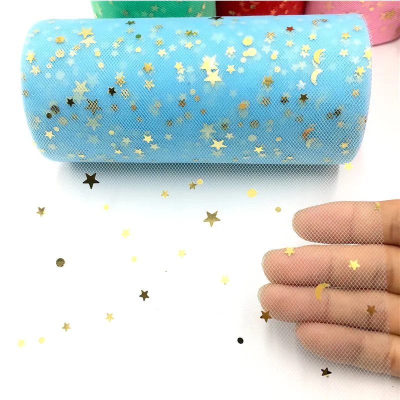 15cm*25 yards Bronzing Stars Moon Tulle Rolls Glitter Sequin Tulle Mesh Baby Shower Tutu Skirt Organza Wedding Party Decoration