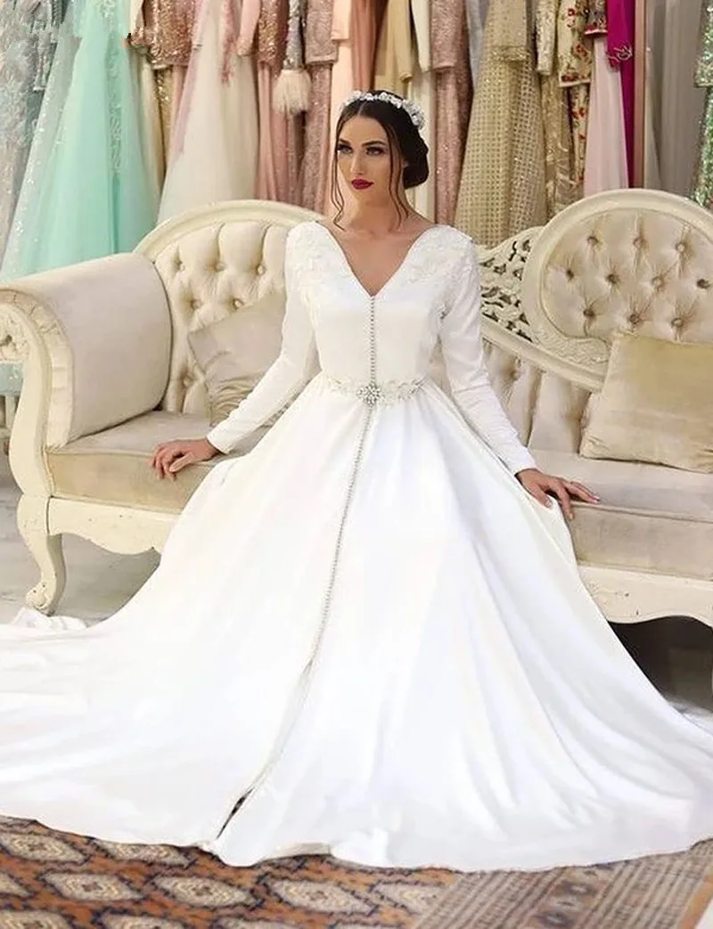 

White Moroccan Caftan Muslim Wedding Dresses Robe Lace Satin Elegant Wedding Gown Long Sleeve A-Line Bridal Dress customized