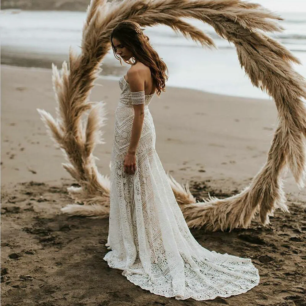 Bohemian Mermaid Beach Trouwjurken Gehaakte Katoenen Kant Vestidos De Novia Hippie Land Bridal Jurk Met Verwijderen Mouw