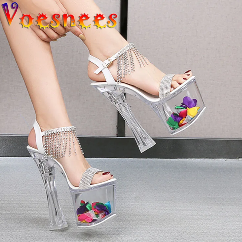 

Voesnees Platform Women Shoes Sandals Sparkling Tassel Drill Transparent High Heels Flowers Crystal Ladies Sexy Wedding Shoes