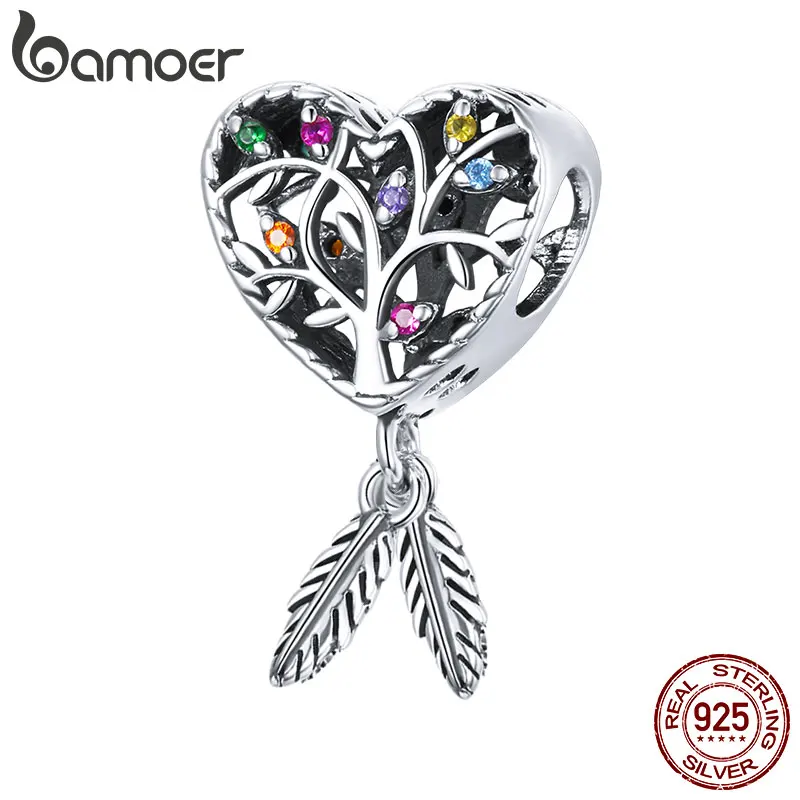 bamoer Silver Tree of Life Charm for Original Bracelet Real 925 Sterling Silver Colorful CZ Jewelry Making beads Women SCC1768