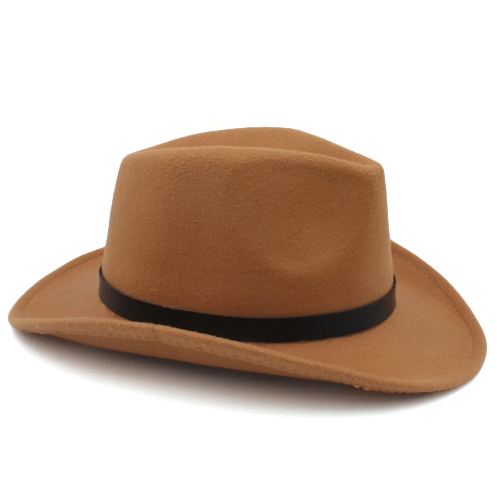 Men Women Woolen Western Cowboy Hats Wide Brim Panama Caps Outdoor Sombrero Travel Fedora Sunbonnet Party Adjustable Size M-L