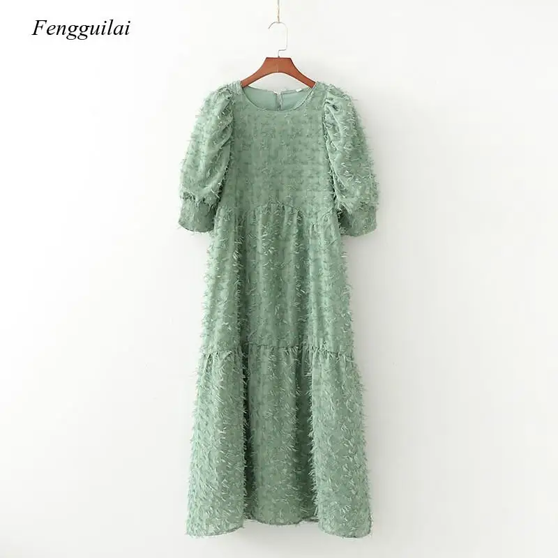 2021 New Summer Women Vintage Loose High Waist Slim Thin Elegant Puff Sleeve Tassel Solid Color Maxi Dress