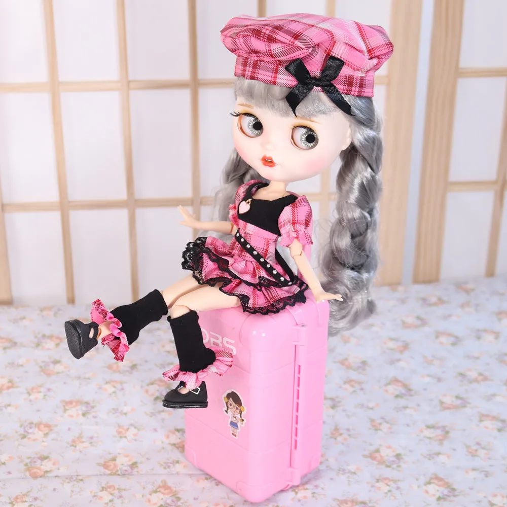 Outfits For ICY DBS Blyth Doll Pink Plaid Dress With Hat Universe Singer 1/6 BJD Ob24 Anime Girl