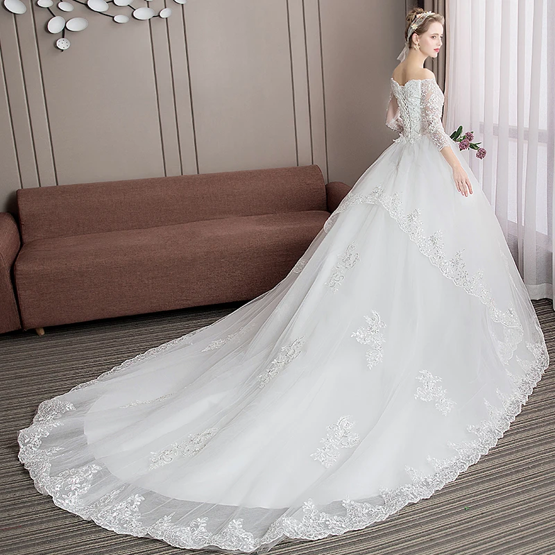 2022 cauda longa meia manga vestido de casamento princesa vestido de casamento renda v pescoço vestido de noiva plus size