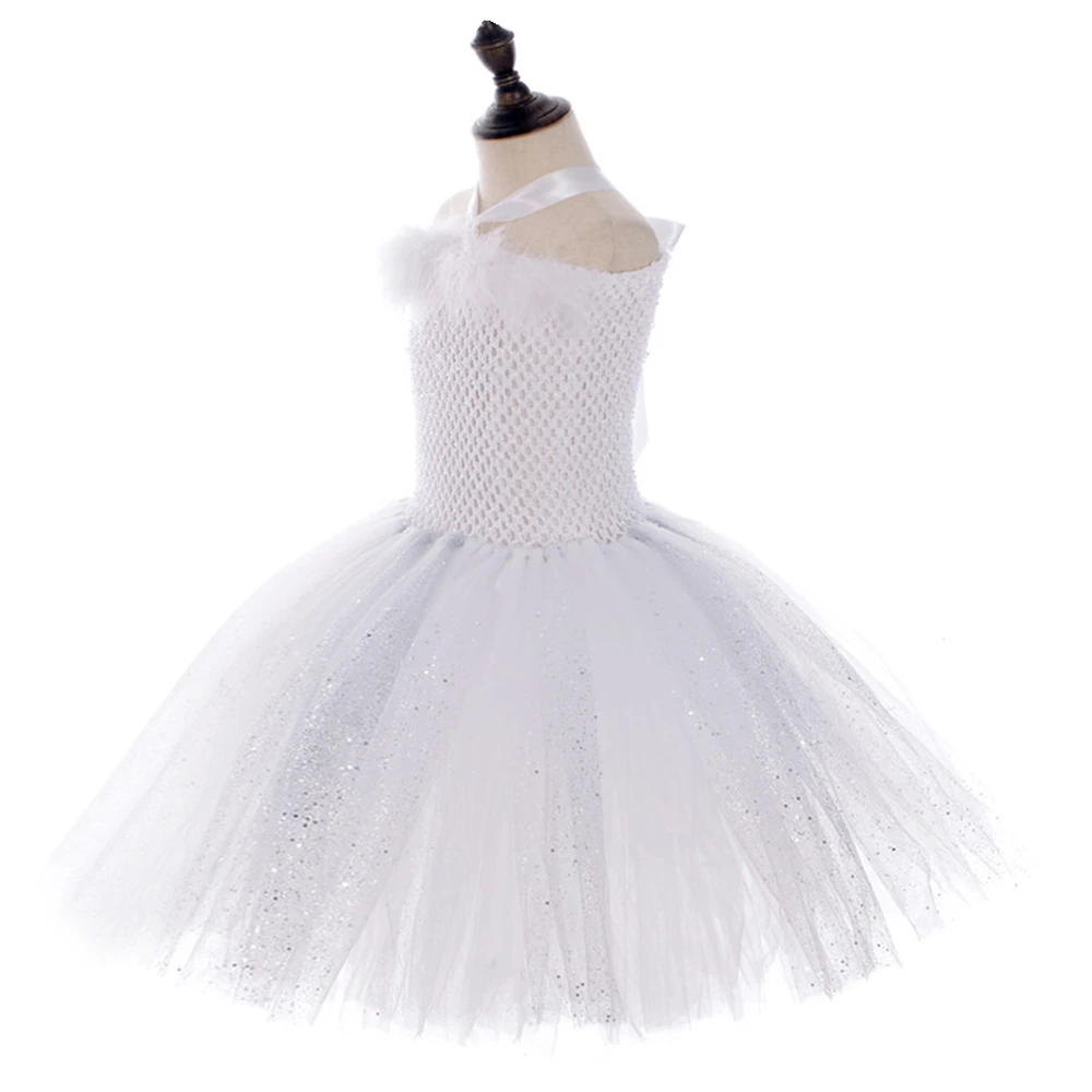 Silver Sequins White Angel Wings Tutu Dress for Girls Princess Christmas New Year Costumes Kids Girl Fairy Dresses for Birthday