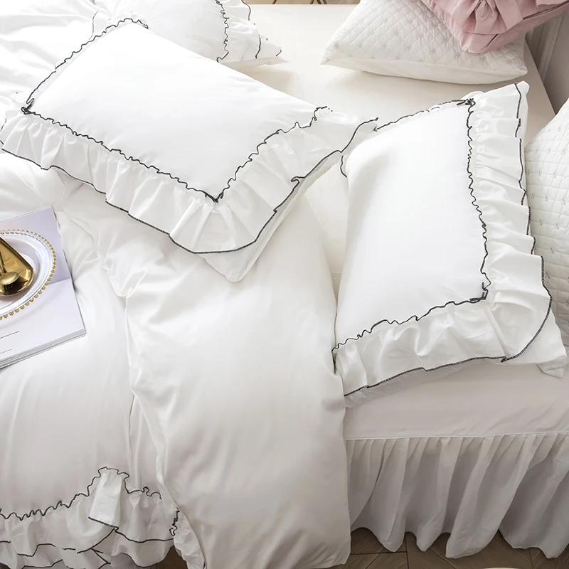 White Double Layer Ruffles Duvet Cover Set 100% Cotton Luxury Princess Bedding Set Bed Skirt Bedspread Pillowcases Solid Color