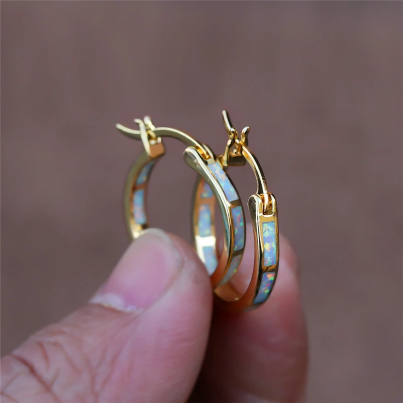 Boho Female Blue White Opal Jewelry Yellow Gold Color Wedding Earrings For Women Vintage Bride Round Big Hoop Earring