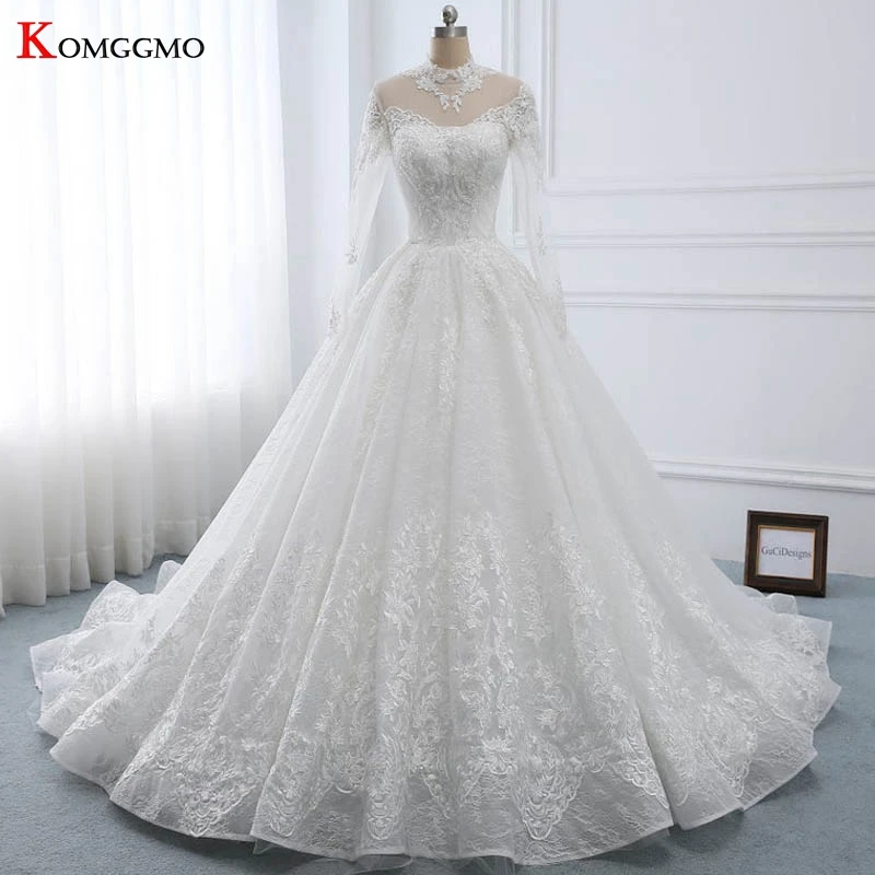 Luxo alta pescoço capela trem bordado apliques tule vestido de baile nupcial foto real botão manga cheia voltar vestido de casamento