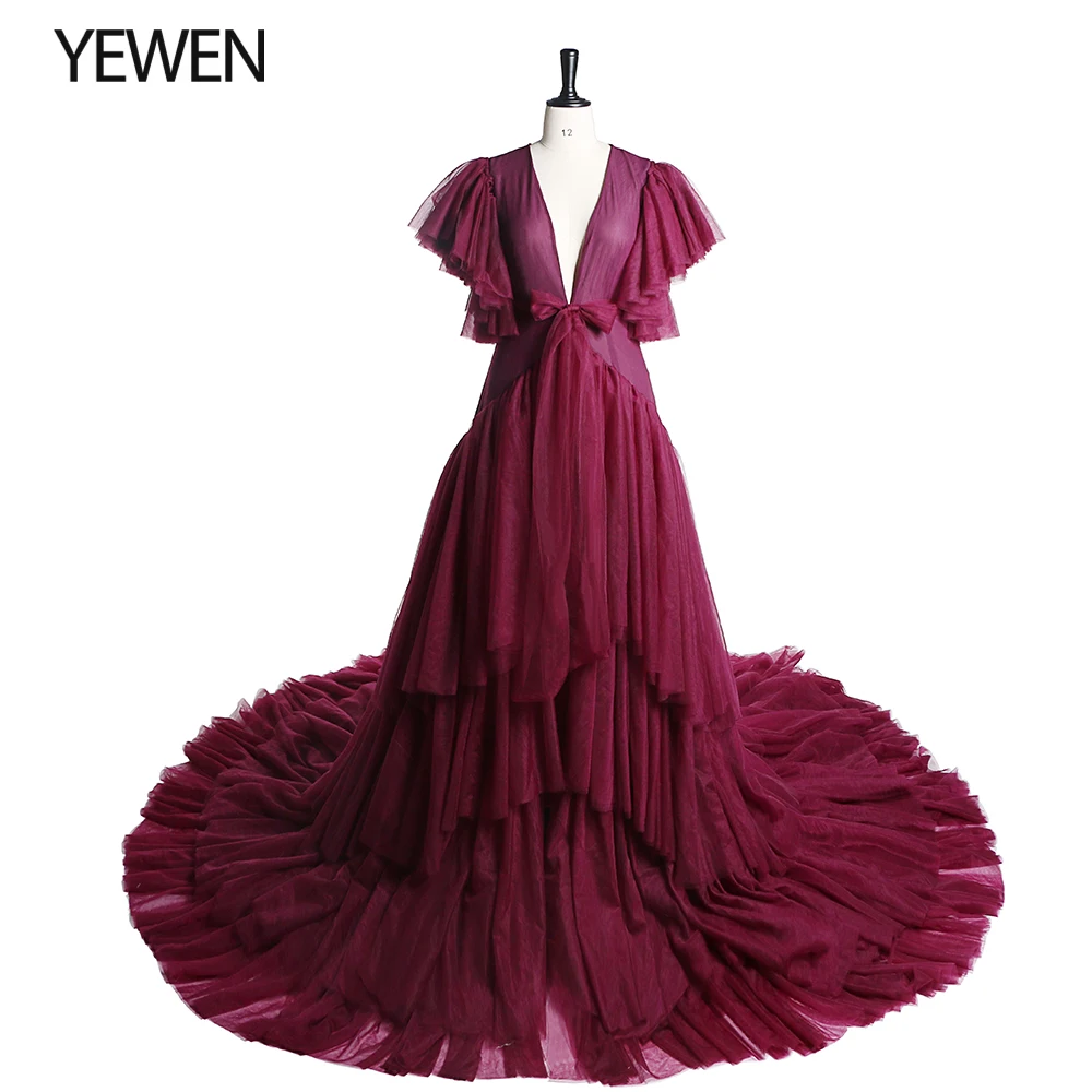 

V Neck Tulle Short Sleeves Photography Dresses Bow Ｗaist Maternity Dress for Photo Shoot Pregnant Dress Photo Session
