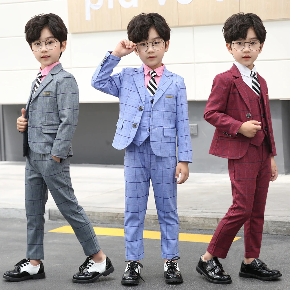 5PCs Kids Boys Gentleman Formal Suit Plaid Blazer Pants Vest Shirt Tie Formal Attire Tuxedo Wedding Birthday Party Clothing