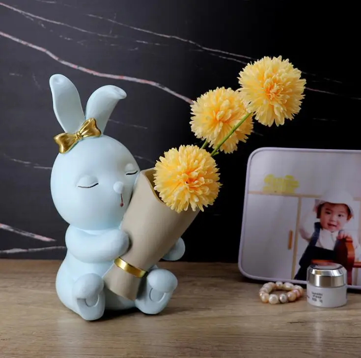 

Nordic Cute Rabbit Vase Resin Statue Ornaments Home Livingroom Desktop Figurines Decoration Cabinet Bookcase Accessories Crafts