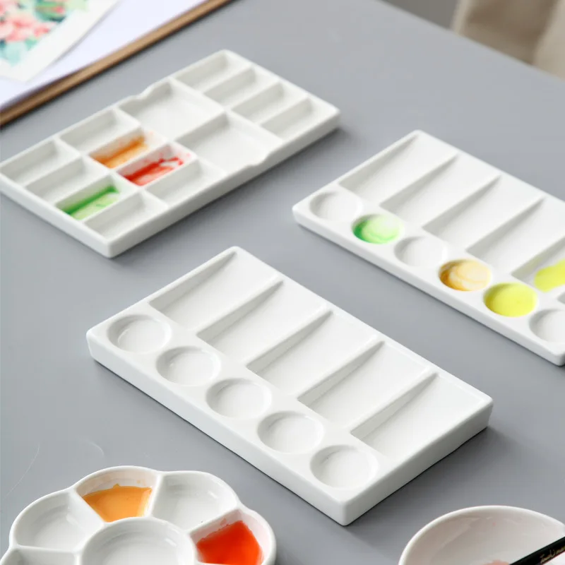 Flower Plum Rectangle Ceramic Palette Color Mixing Paint Palette Tray For Watercolor Gouache Acrylic Painting Art Supplies