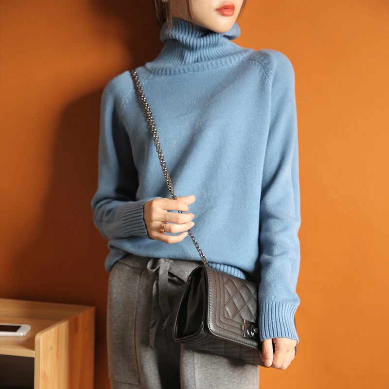 Autumn and Winter Cashmere Wool Sweater Women High Collar Loose Pullover Lazy Wind Sweater Knit Warm Solid Color Was Thick