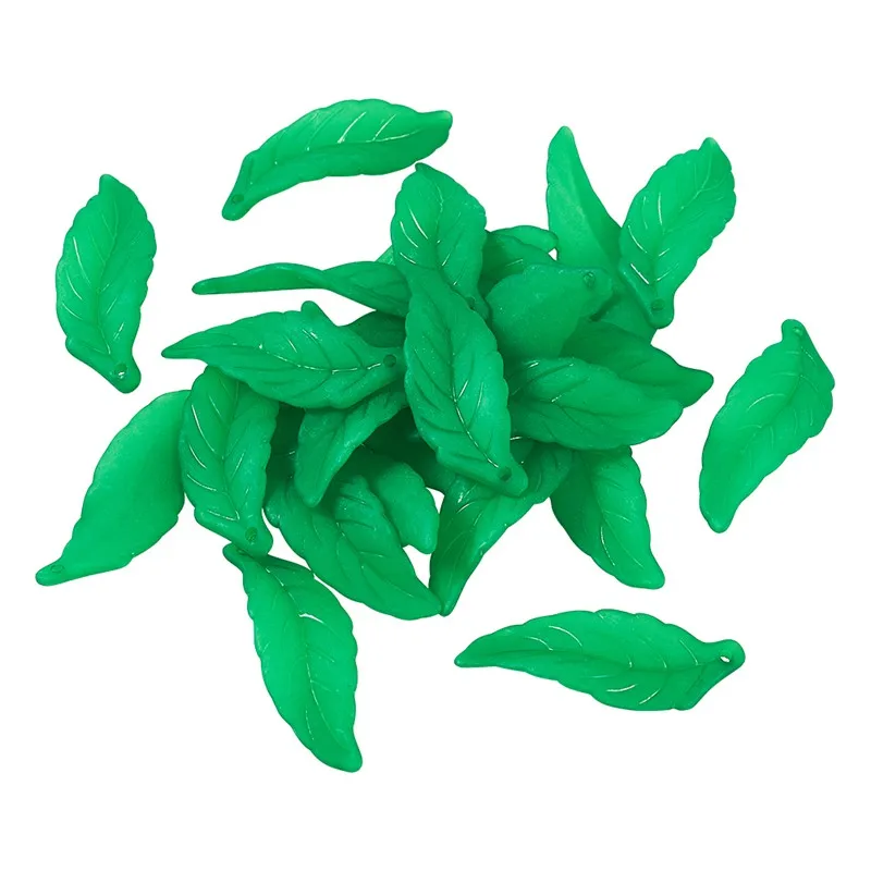 50pcs Green Leaf Acrylic Pendants Frosted Dangle Charms for Jewelry Making DIY Bracelet Necklace 38x14x3mm Hole: 2mm