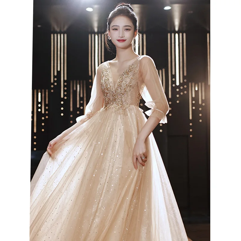 Women's Three Quarter Sleeve Evening Dress Embroidery Lace-Up Elegant Christmas Dress Ankle-Length Sequined Formal Prom Dresses