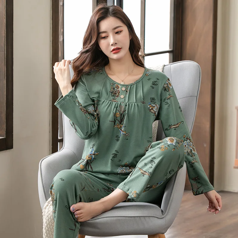 

Elegant Floral Printed Pajama Sets Spring Autumn Long Sleeve Cotton Women's Sleepwear Female Pijamas Mujer Casual Home Clothing