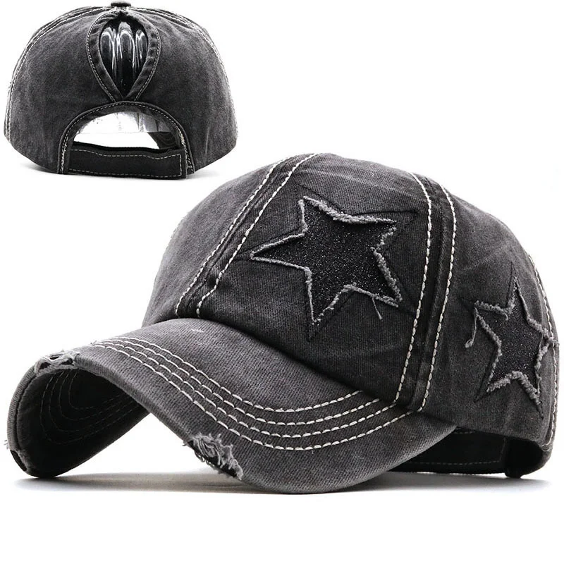 Gorra de béisbol con agujero de mezclilla lavada para hombre y mujer, gorro de pesca con estrella, Snapback, otoño y verano, 100%