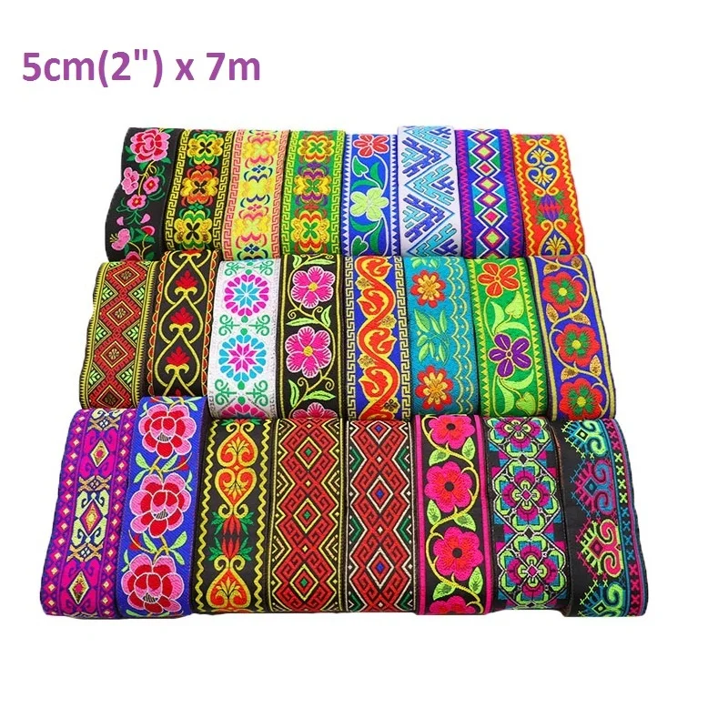 5CM Width Ethnic Embroidered Jacquard Ribbons Trim Lace Fabric DIY Decoration Handcraft Apparel Sewing Headwear Accessories 7m