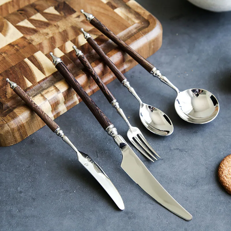 Western tableware set chicken wings wooden handle 304 stainless steel steak knife fork spoon chopstick spoon dessert fork spoon