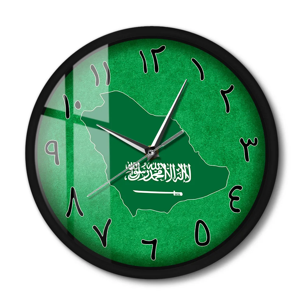 Saudi Arabia Country Map Modern Design Metal Frame Wall Clock Middle East Home Decor Sound Activated Light Arabic Wall Clock