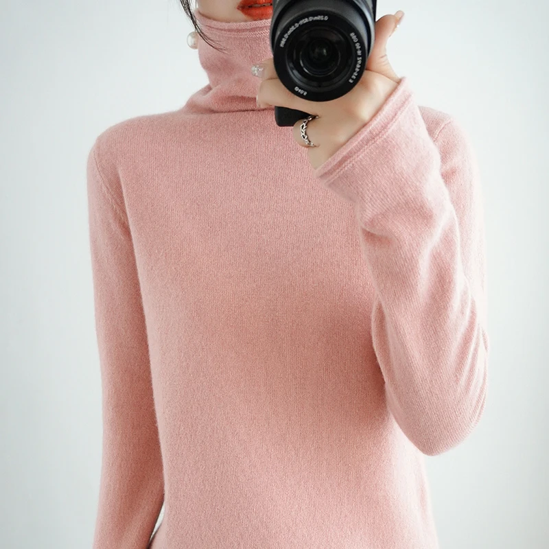 

100% Pure Wool Cashmere Sweater Woman Pile Pile Collar Pullover Casual Knitted Tops Autumn and Winter Female Jacket Warm Korean