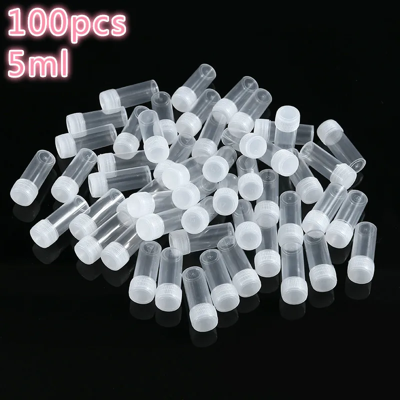 100pcs 5ml Plastic Test Tubes Vials Sample Container Powder Craft Cap Bottles for Office School Chemistry Supplies.