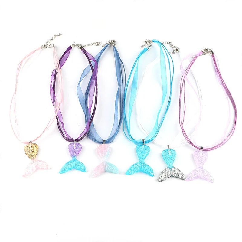 6pcs Mermaid Tail Necklace Fishtail Pendant Necklace Mermaid Party Favor for Girl Birthday Party Supplies Gift