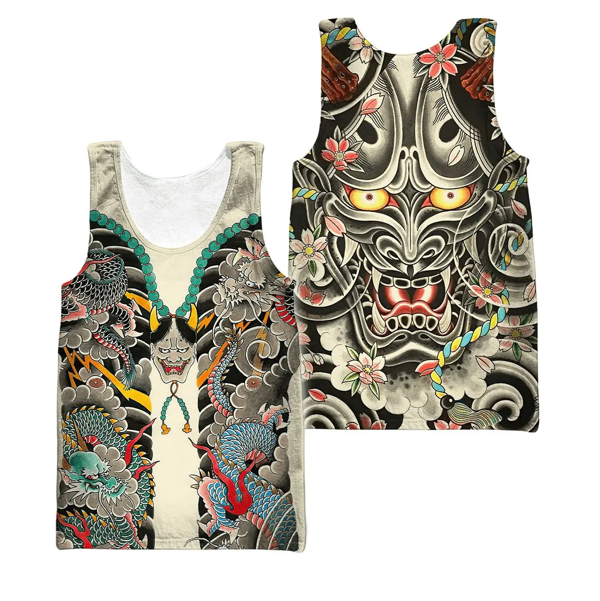 Samurai Oni Mask Tattoo 3D All Over Printed Men vest Summer Harajuku Sleeveless T-shirt Unisex Casual Polyester Tank Tops BX-63