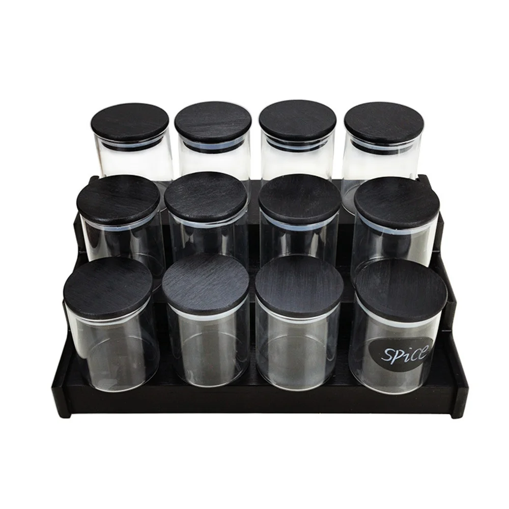 12pcs Set Of Black Bamboo Cover Glass Seasoning Jar With Sticker Carton Box Packaging Kitchen Fruit Food Sealed Storage Jar