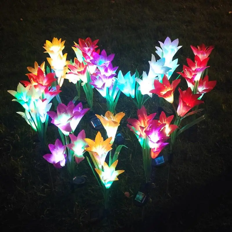 

Outdoor Solar Powered 3 Pcs Stake Lights Lily Flower Shaped Multi-Color LED Landscape Lighting For Garden Patio Lawn Yard