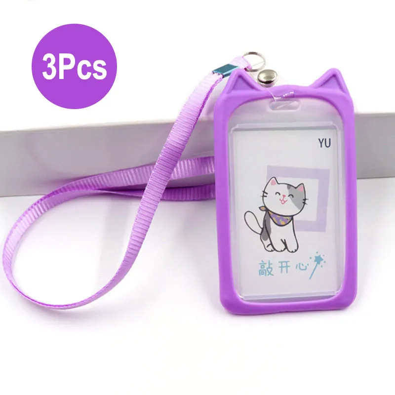 3Pcs/Set Cute Cat Silicone ID Card Protection Cover Case Lanyard Badge Holder Kids School Student Office Exhibit Work Neck Strap