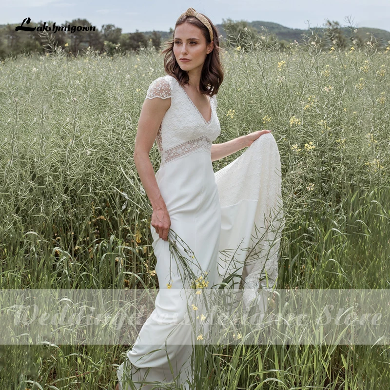 Vestidos de novia elegantes de encaje para playa, sin mangas, de gasa Simple, estilo bohemio, vestido de novia de manga corta