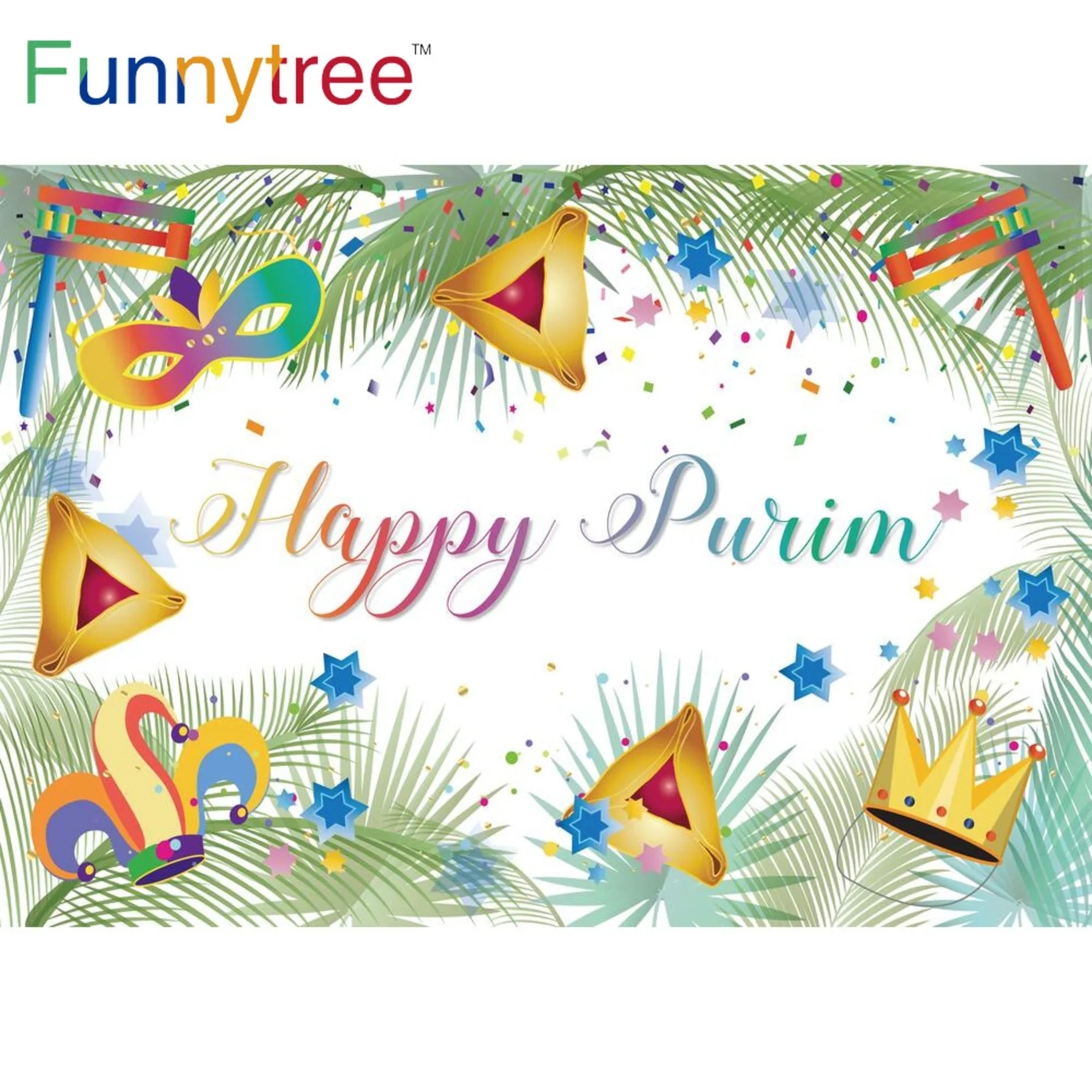 Funnytree Happy Purim Festival Custom Backdrop Jewish Holiday Decor Oznei Haman Board Poster Palm Tree Leaves Frame Photozone