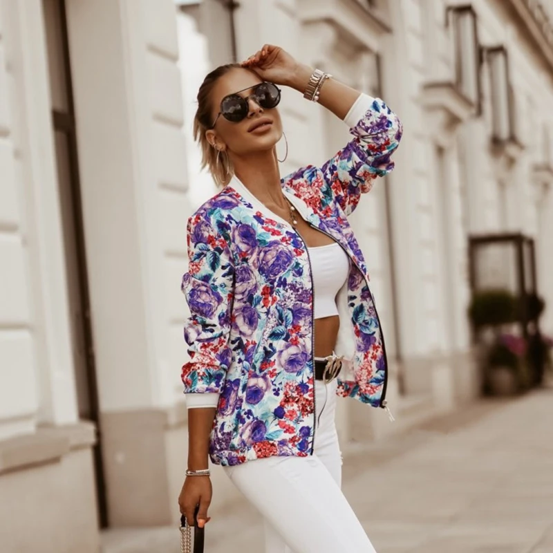 Fashion Flower Print Long Sleeve Women\'s Bomber Jacket  Zipper Up Vintage Coat Tops Elegant Slim Basic Ladies Jackets 4 Color