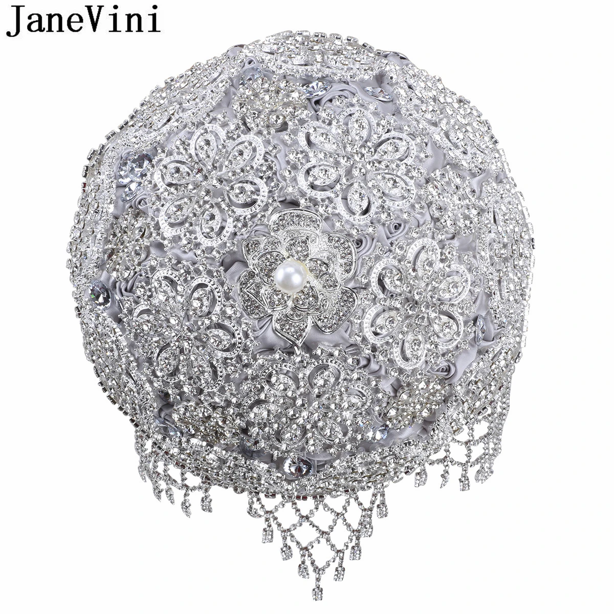 JaneVini Luxury Full Diamond Jeweled Silver Gray Bridal Bouquets Bling Crystal Artificial Satin Roses Bride Wedding Accessories