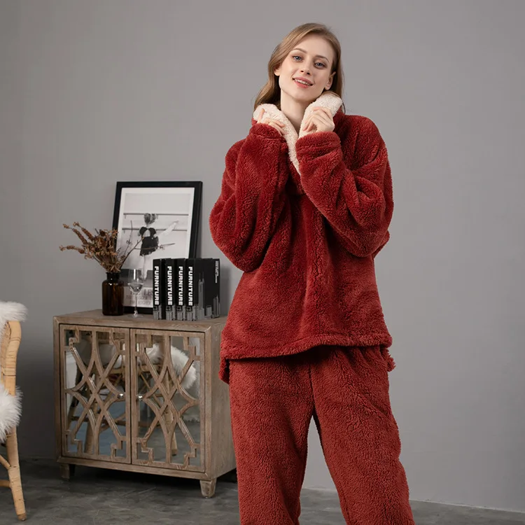 Winter Women Fashion Loose Soft Coral Fleece Thicken Casual Pajama Set Female Trendy Color Plus Size Thermal Lounge Sleepwear