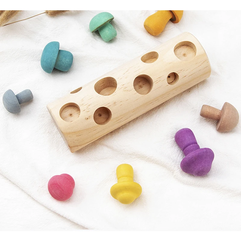 Blocs en bois arc-en-ciel pour enfants, jeu de cueillette de champignons, jouets éducatifs Montessori en bois pour bébés, forme assortie, poignée