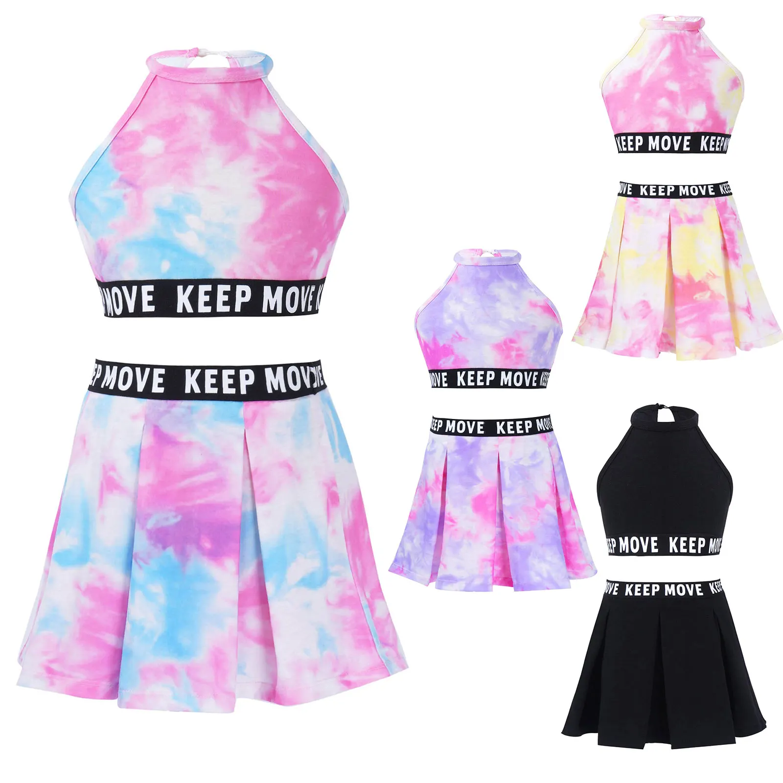 Kids Girls Tie Dye Print Sport Suit Halter Neck Sleeveless Crop Vest Tops and Pleated Skirt Set for Gym Tennis Dance Workout