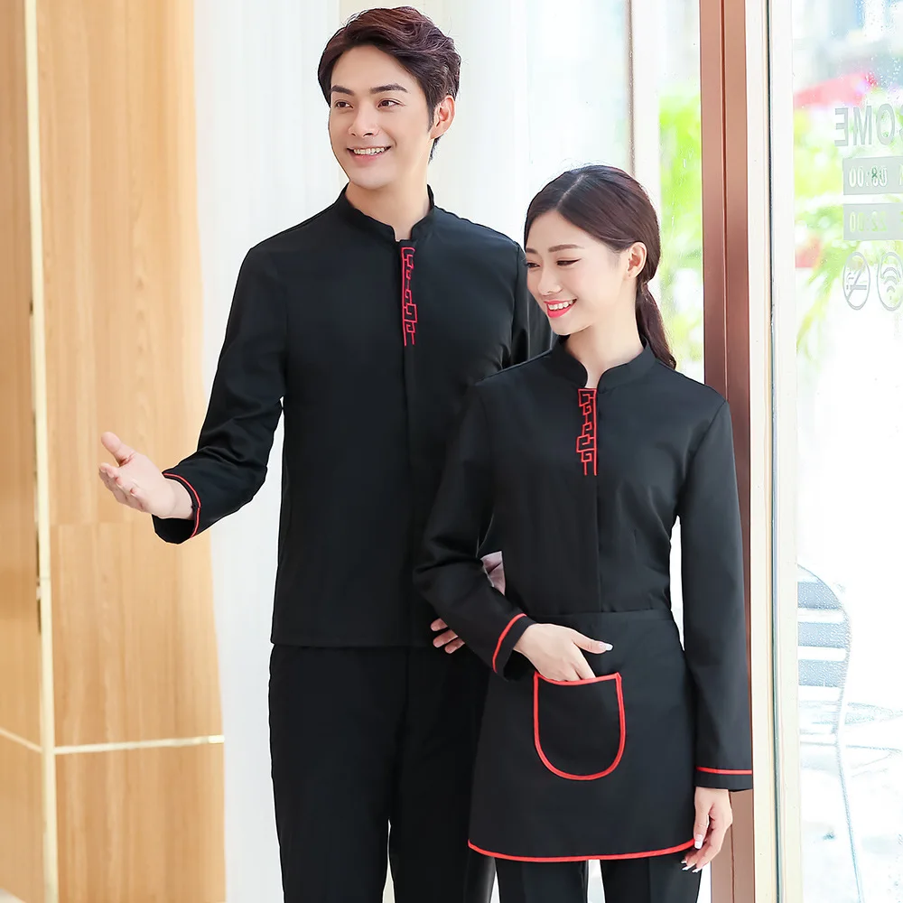 Conjunto de uniforme de garçom, uniforme feminino de restaurante chinês para atendimento a alimentos, cafeteria, trabalho, hotel