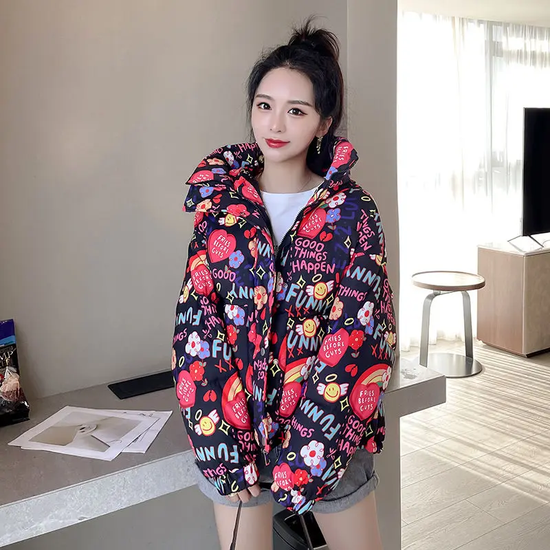 Jaqueta de inverno das mulheres pão roupas japonês graffiti harajuku menina estudante puffer jaqueta para as mulheres 2021 inverno grosso bolha